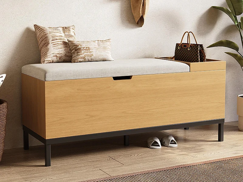 Aufbewahrungsbank 115x40x49.5cm - Leinenkissen - mit Regalbrettern - MDF - Natur + Grau