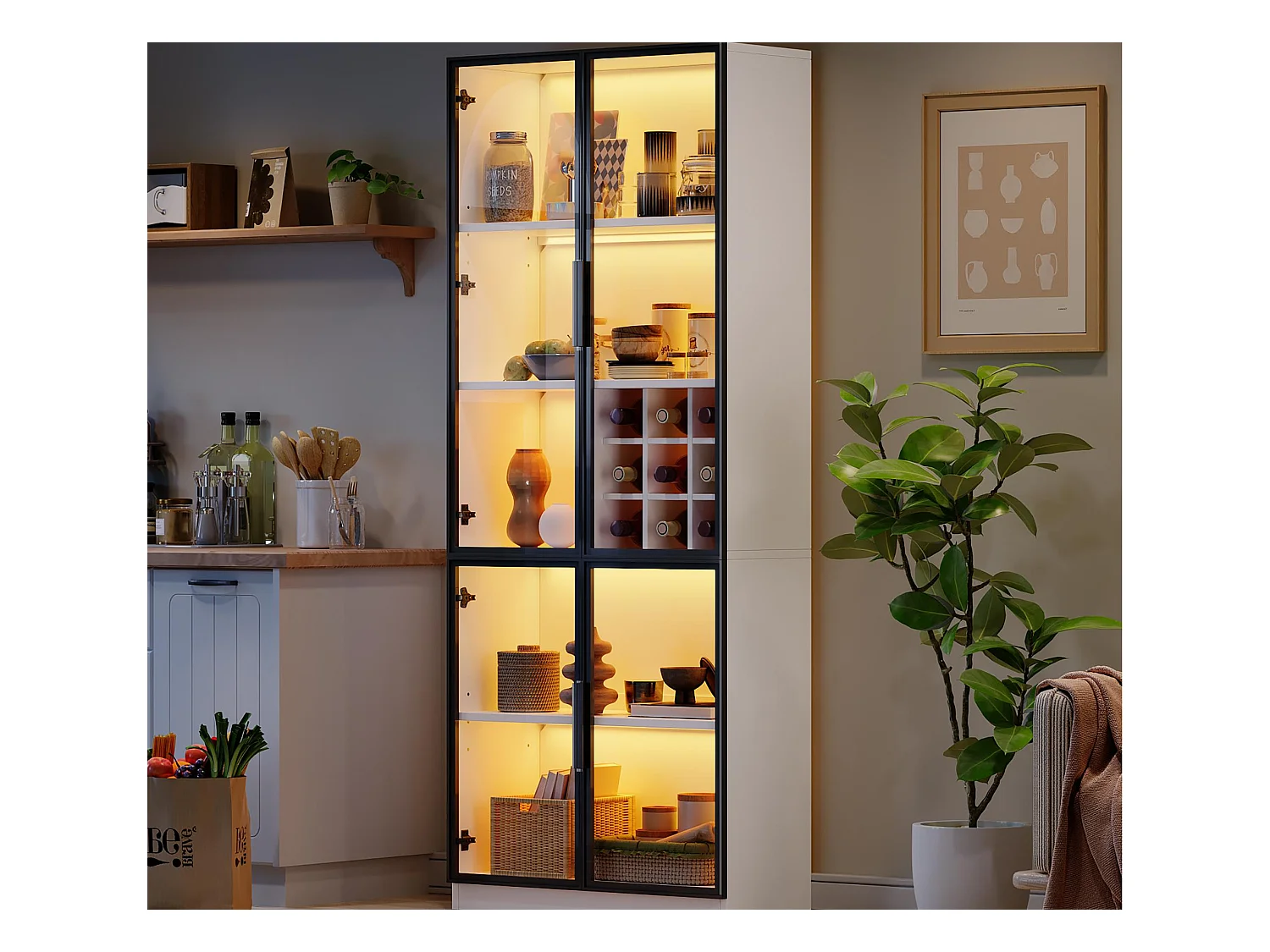 Vitrine 80x35x200 cm - avec éclairage LED - avec rangement pour le vin - 2 portes vitrées - Blanc