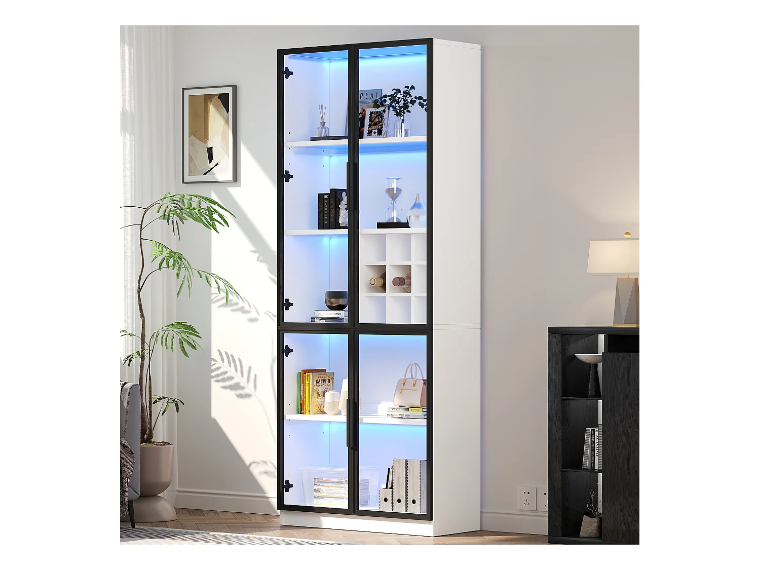Vitrine 80x35x200 cm - avec éclairage LED - avec rangement pour le vin - 2 portes vitrées - Blanc
