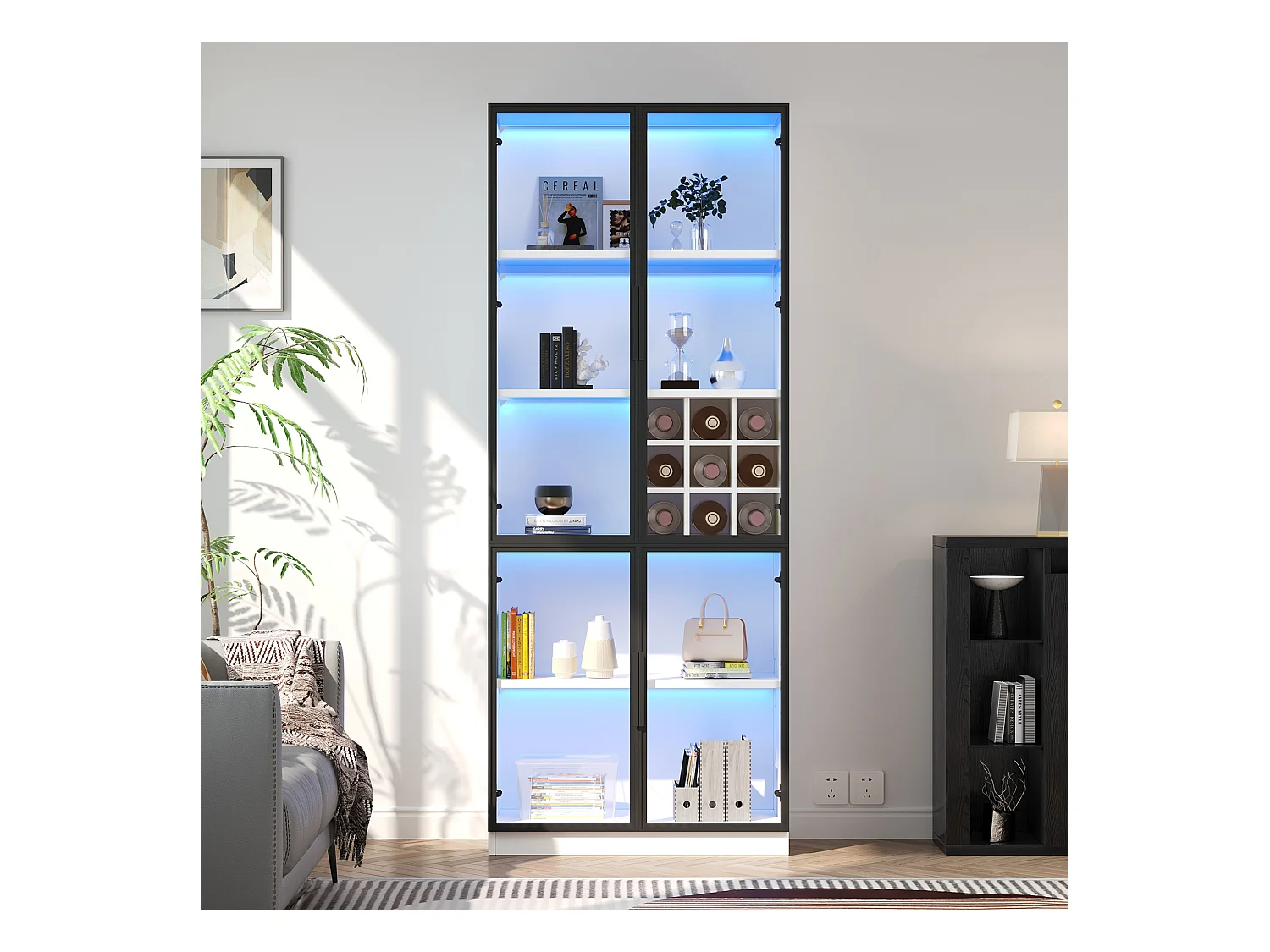 Vitrine 80x35x200 cm - avec éclairage LED - avec rangement pour le vin - 2 portes vitrées - Blanc