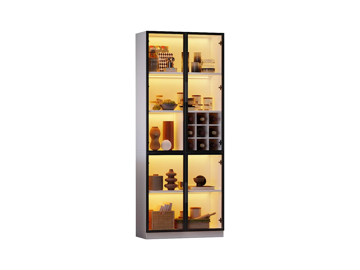 Vitrine 80x35x200 cm - avec éclairage LED - avec rangement pour le vin - 2 portes vitrées - Blanc