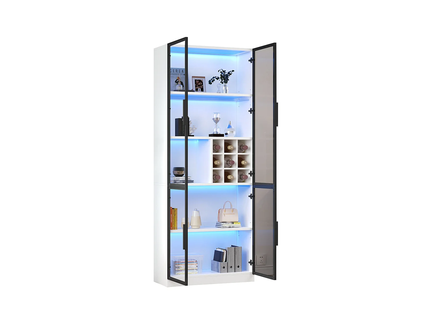 Vitrine 80x35x200 cm - avec éclairage LED - avec rangement pour le vin - 2 portes vitrées - Blanc