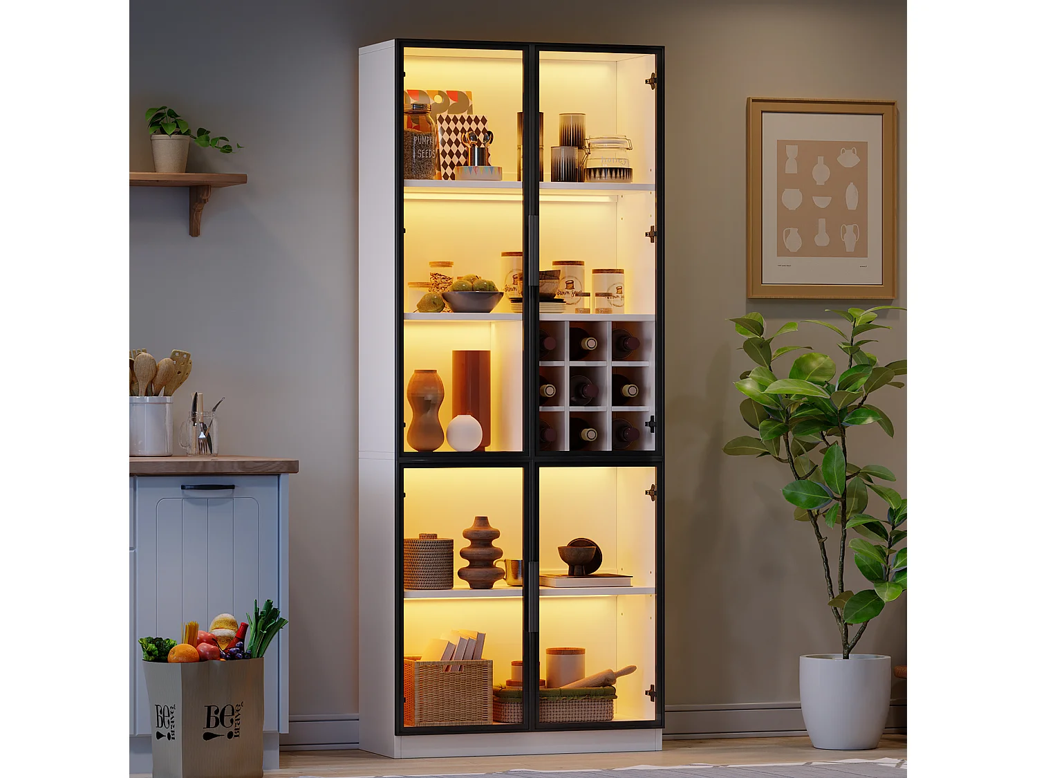 Vitrinekast 80x35x200 cm - met LED-verlichting - met wijnopslag - 2 glazen deuren - Wit