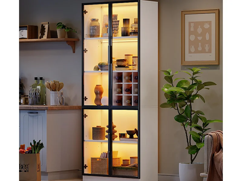 Vitrinekast 80x35x200 cm - met LED-verlichting - met wijnopslag - 2 glazen deuren - Wit