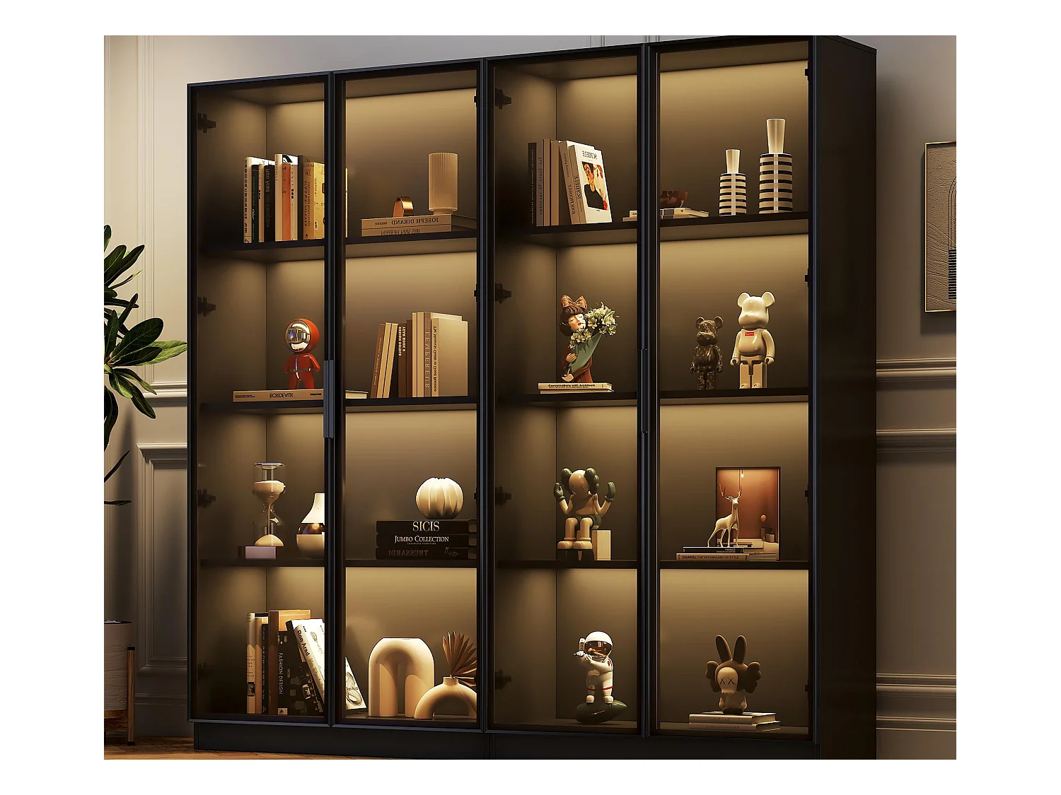 Vitrine en verre 160x40x160 cm - avec Leds - rangement à 4 portes avec étagères mobiles - aggloméré - noir