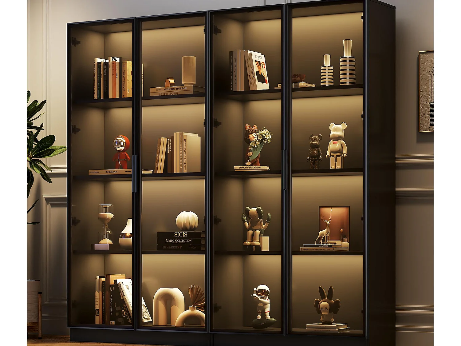 Vitrine en verre 160x40x160 cm - avec Leds - rangement à 4 portes avec étagères mobiles - aggloméré - noir