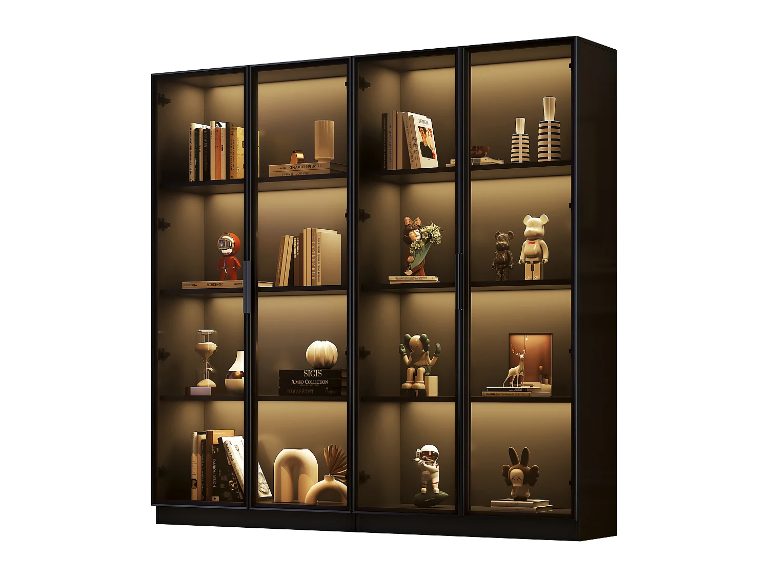 Vitrine en verre 160x40x160 cm - avec Leds - rangement à 4 portes avec étagères mobiles - aggloméré - noir