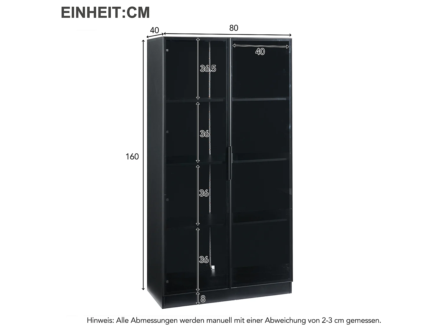Vitrine en verre 160x40x160 cm - avec Leds - rangement à 4 portes avec étagères mobiles - aggloméré - noir