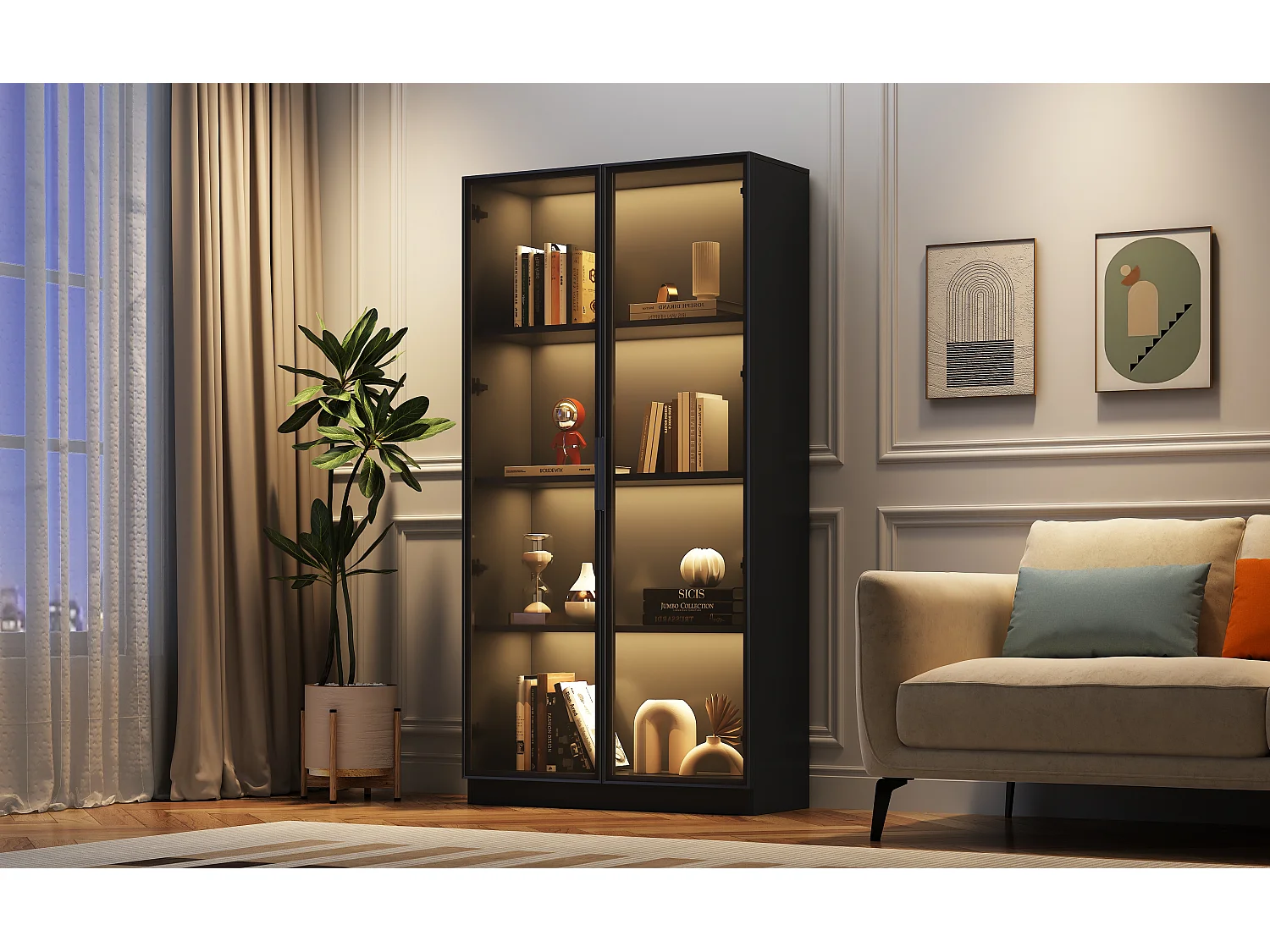 Vitrine en verre 160x40x160 cm - avec Leds - rangement à 4 portes avec étagères mobiles - aggloméré - noir