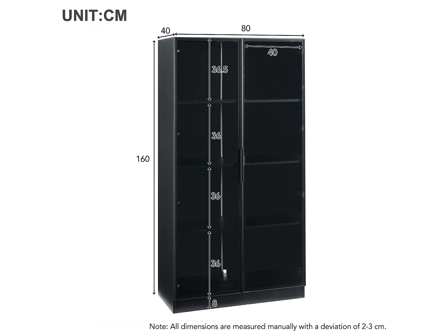 Vitrine en verre 160x40x160 cm - avec Leds - rangement à 4 portes avec étagères mobiles - aggloméré - noir