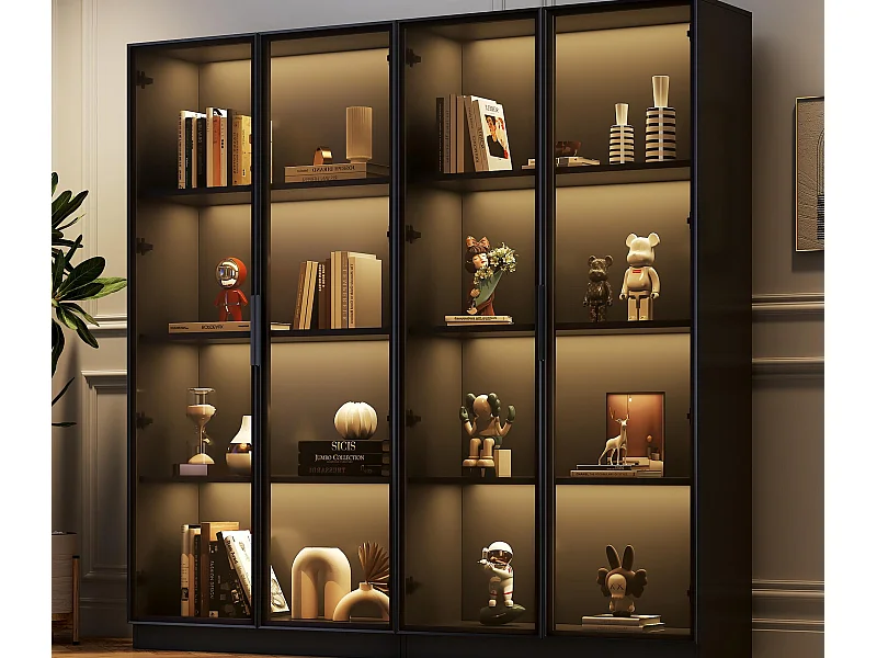 Vitrine en verre 160x40x160 cm - avec Leds - rangement à 4 portes avec étagères mobiles - aggloméré - noir