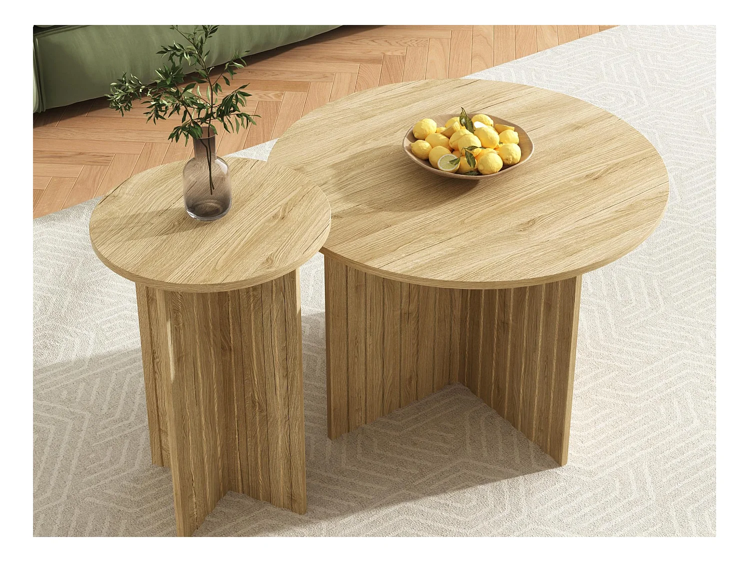 Lot de 2 tables basses - plateau rond - aspect bois - MDF + panneaux de particules - Naturel