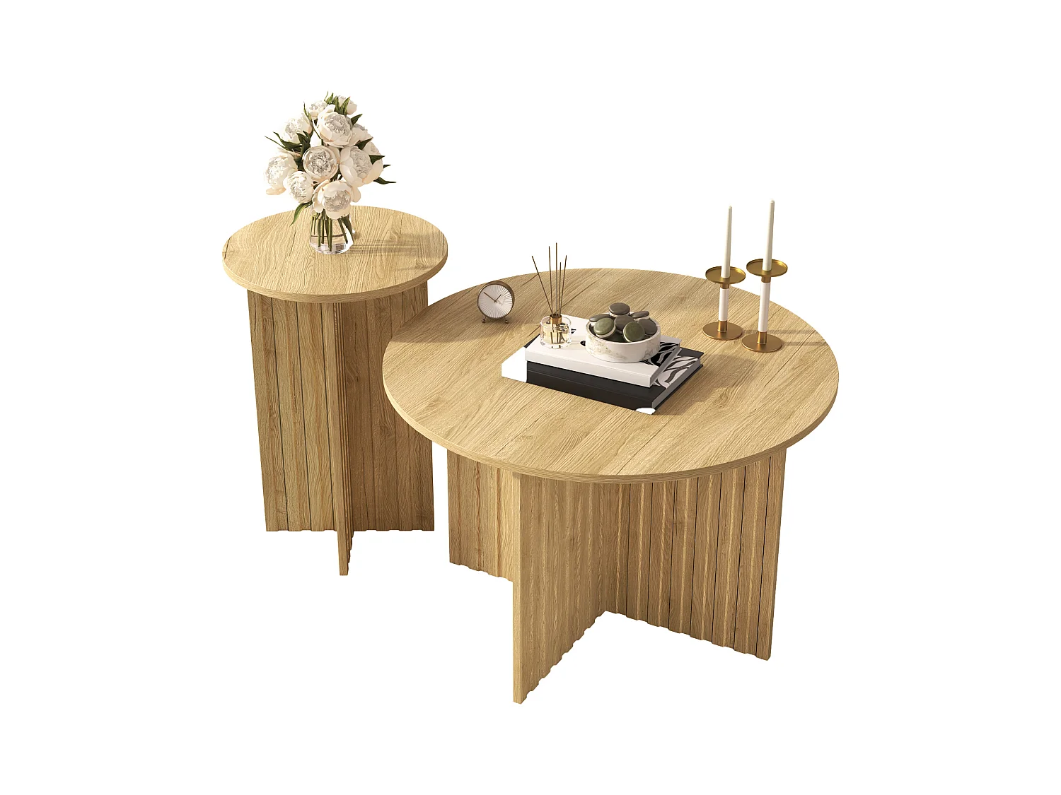 Lot de 2 tables basses - plateau rond - aspect bois - MDF + panneaux de particules - Naturel