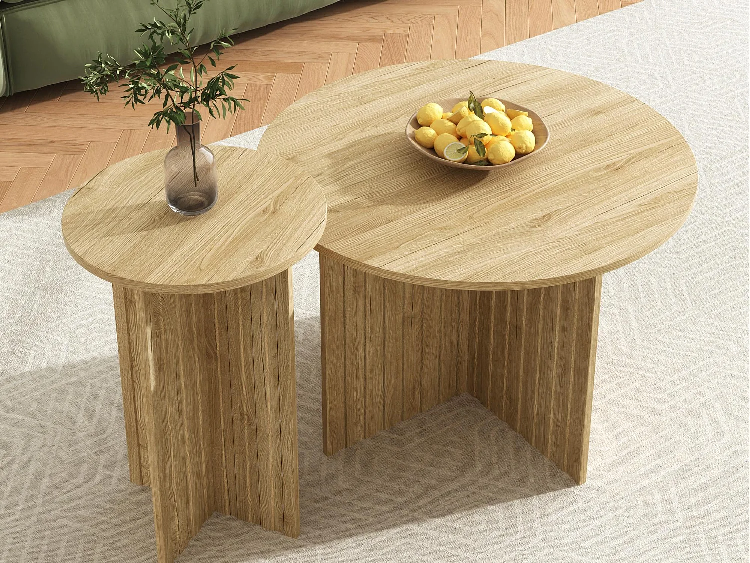 Set di 2 tavolini da salotto - piano rotondo - effetto legno - MDF + pannelli di particelle - Naturale