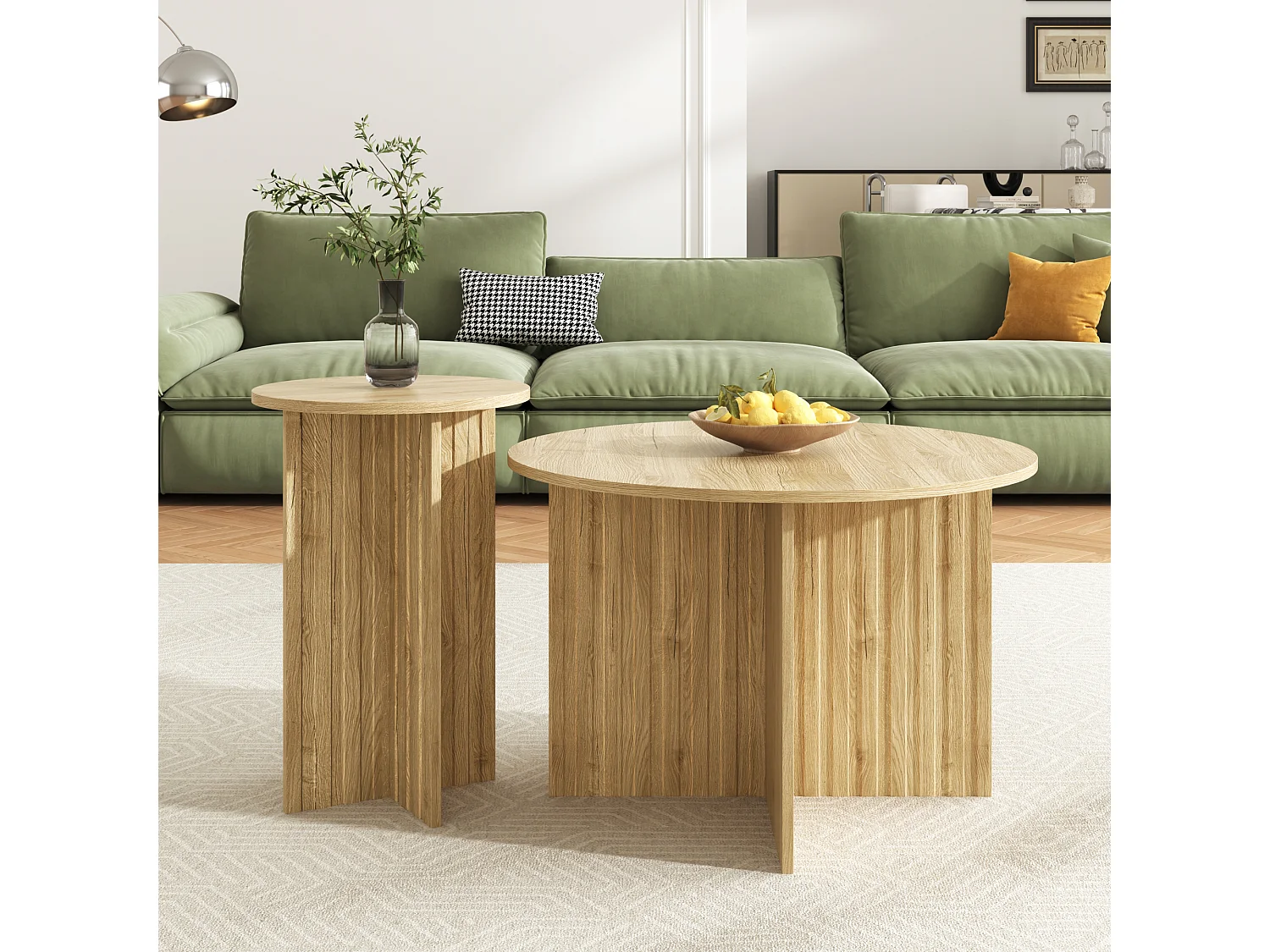 Set di 2 tavolini da salotto - piano rotondo - effetto legno - MDF + pannelli di particelle - Naturale