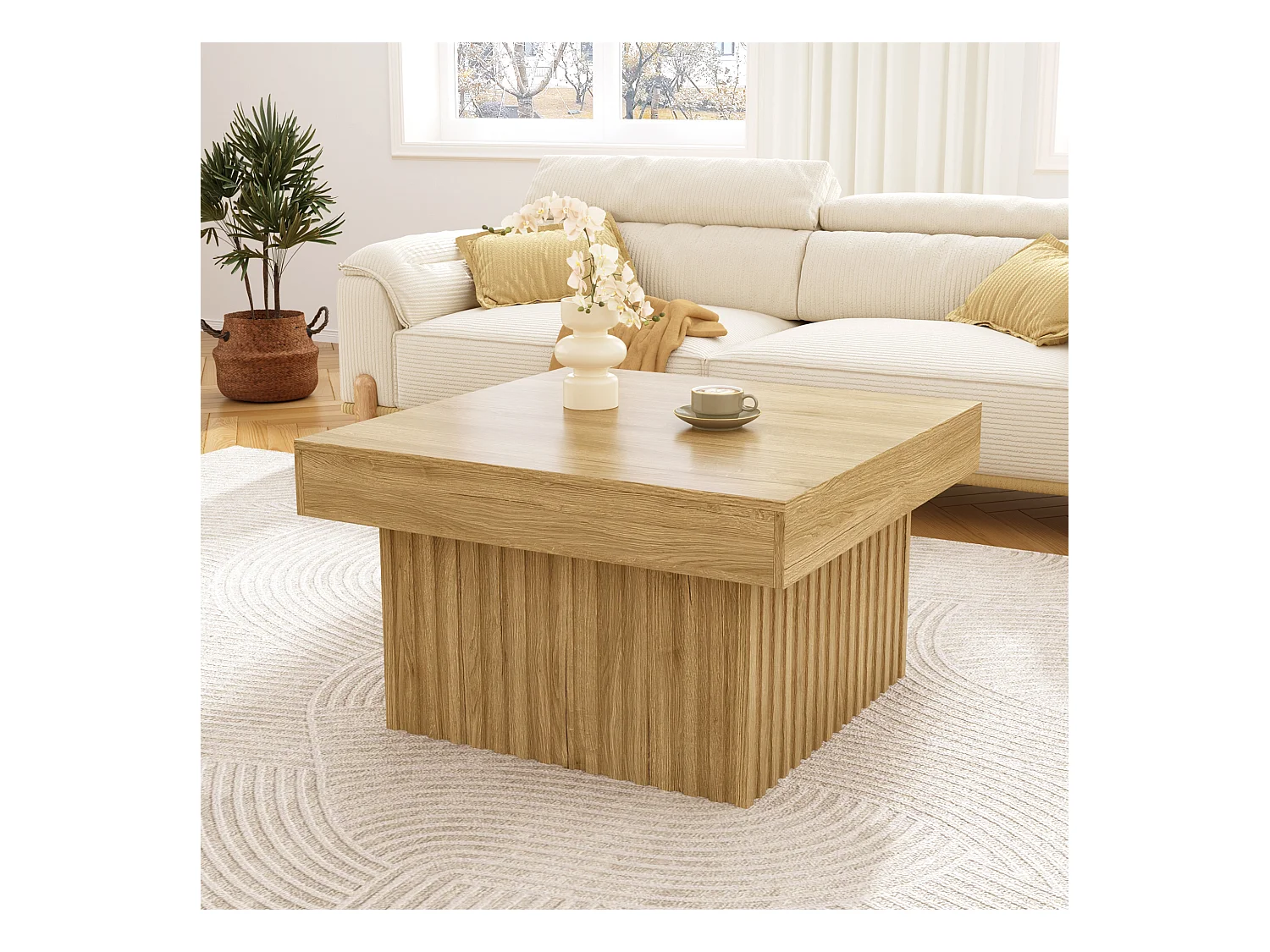Table basse 79x79x46 cm - plateau carré - aspect bois - MDF + panneaux de particules - Naturel