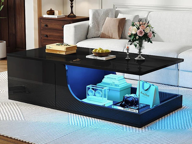 Hochglanz-Couchtisch 100x50x30 cm - mit 2 Schubladen - mit LED-Beleuchtung - Sicherheitsglas - MDF - schwarz