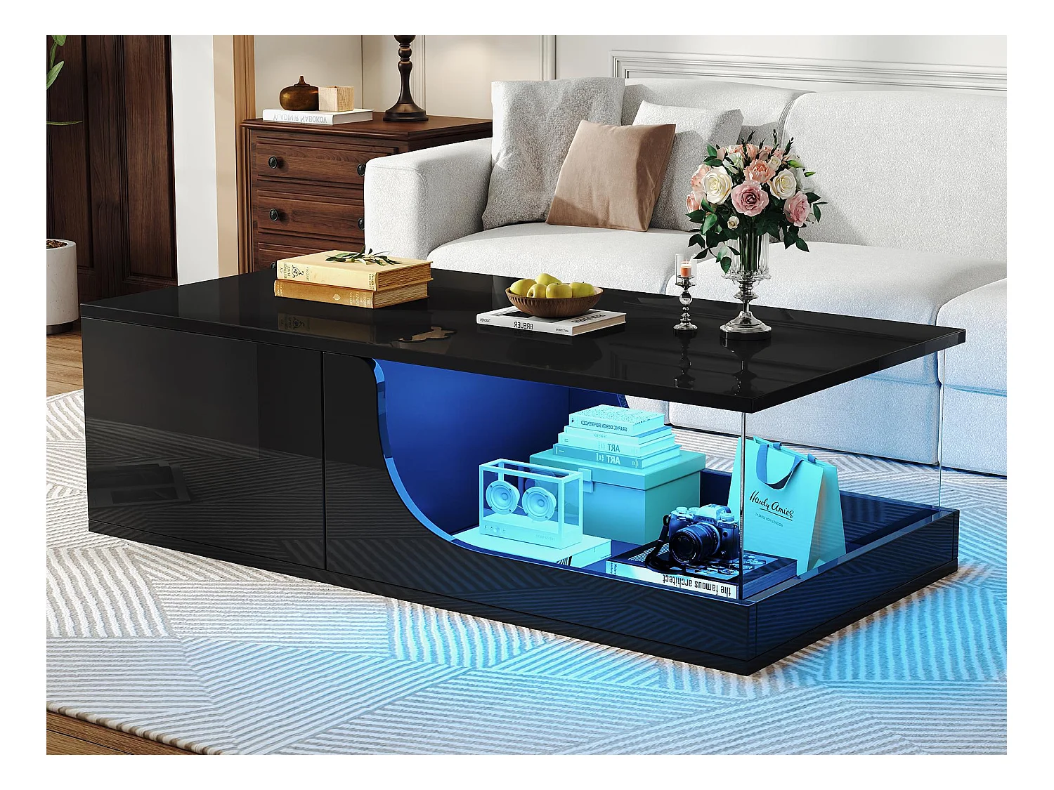 Table basse haute brillance 100x50x30 cm - avec 2 tiroirs - avec éclairage LED - verre trempé - MDF - noir