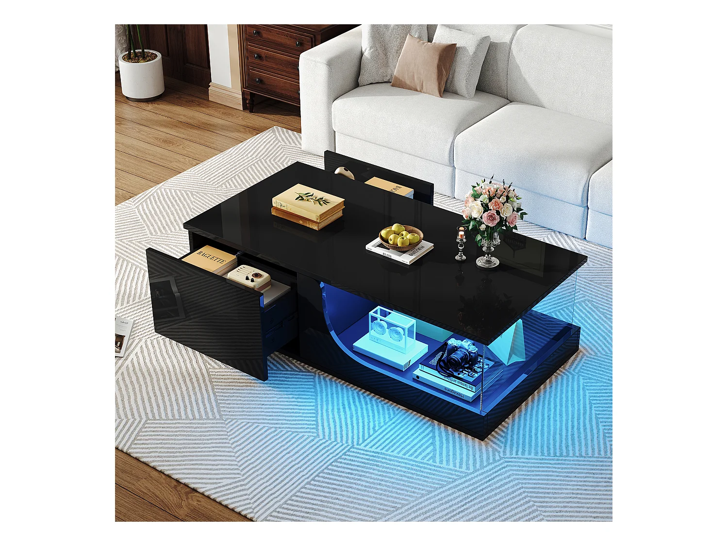 Table basse haute brillance 100x50x30 cm - avec 2 tiroirs - avec éclairage LED - verre trempé - MDF - noir
