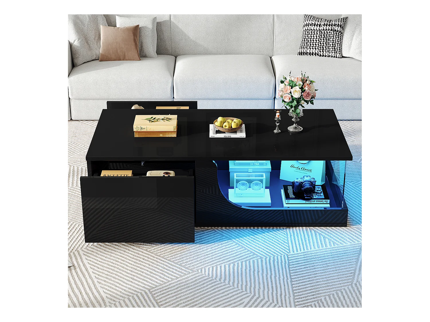 Table basse haute brillance 100x50x30 cm - avec 2 tiroirs - avec éclairage LED - verre trempé - MDF - noir