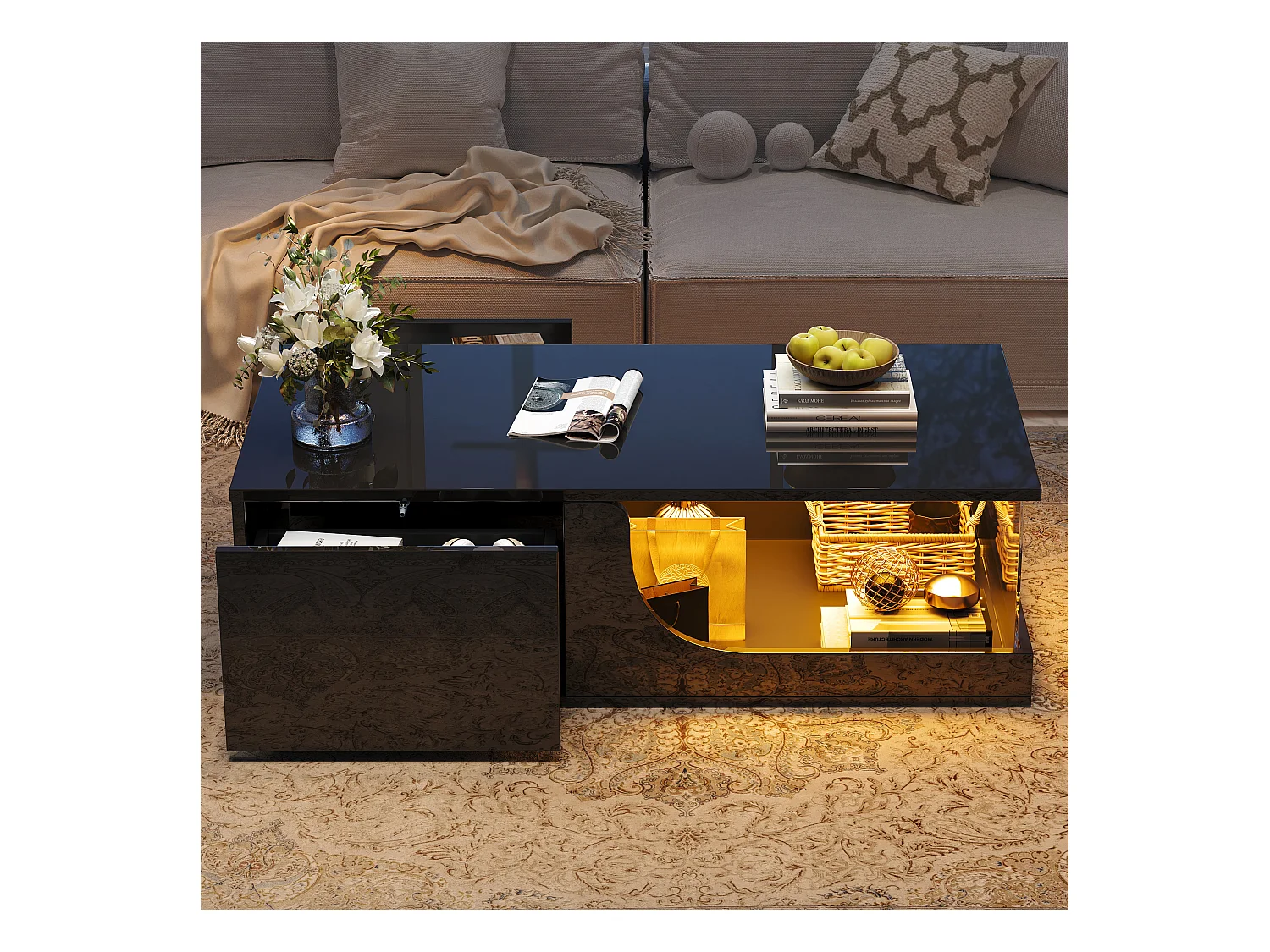 Table basse haute brillance 100x50x30 cm - avec 2 tiroirs - avec éclairage LED - verre trempé - MDF - noir