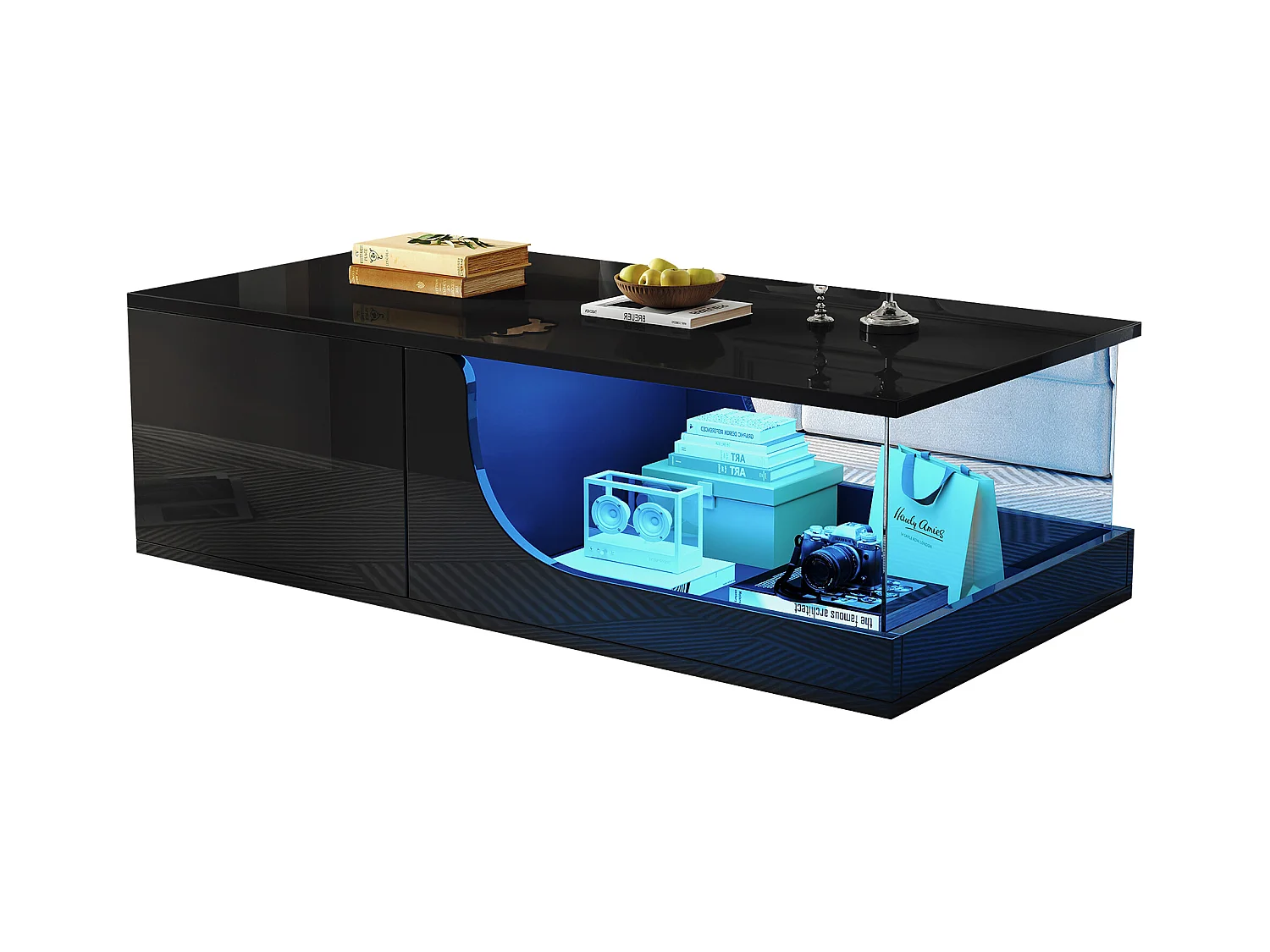 Table basse haute brillance 100x50x30 cm - avec 2 tiroirs - avec éclairage LED - verre trempé - MDF - noir