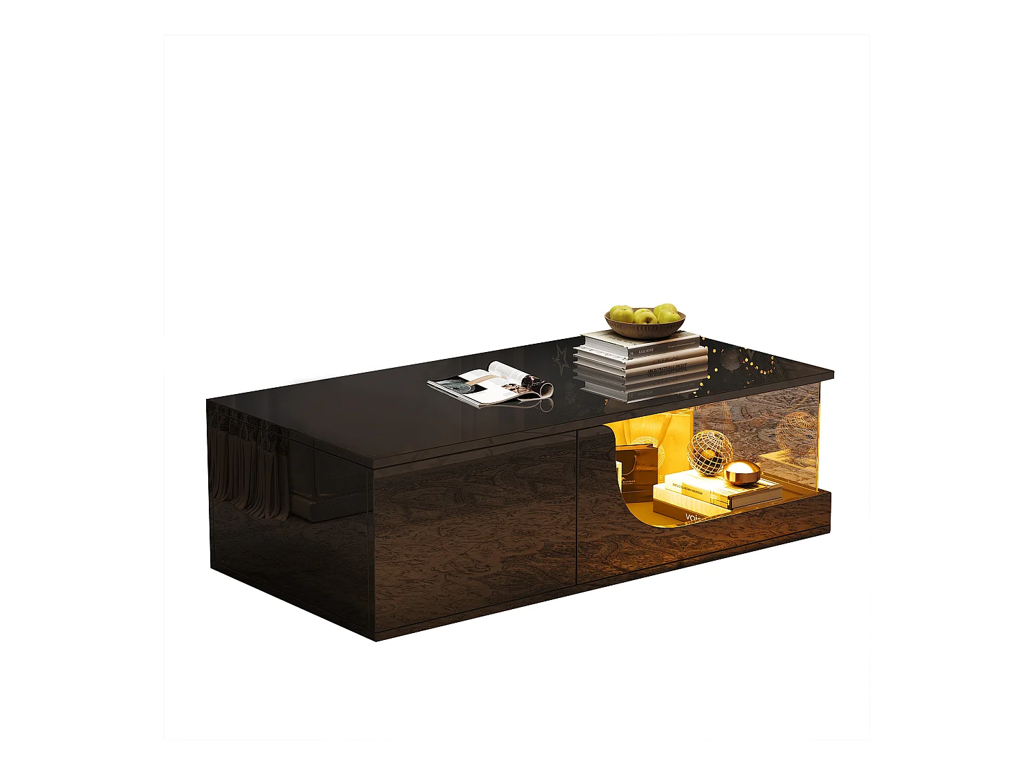 Table basse haute brillance 100x50x30 cm - avec 2 tiroirs - avec éclairage LED - verre trempé - MDF - noir
