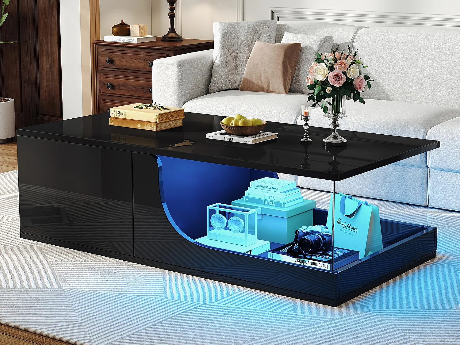 Table basse haute brillance 100x50x30 cm - avec 2 tiroirs - avec éclairage LED - verre trempé - MDF - noir