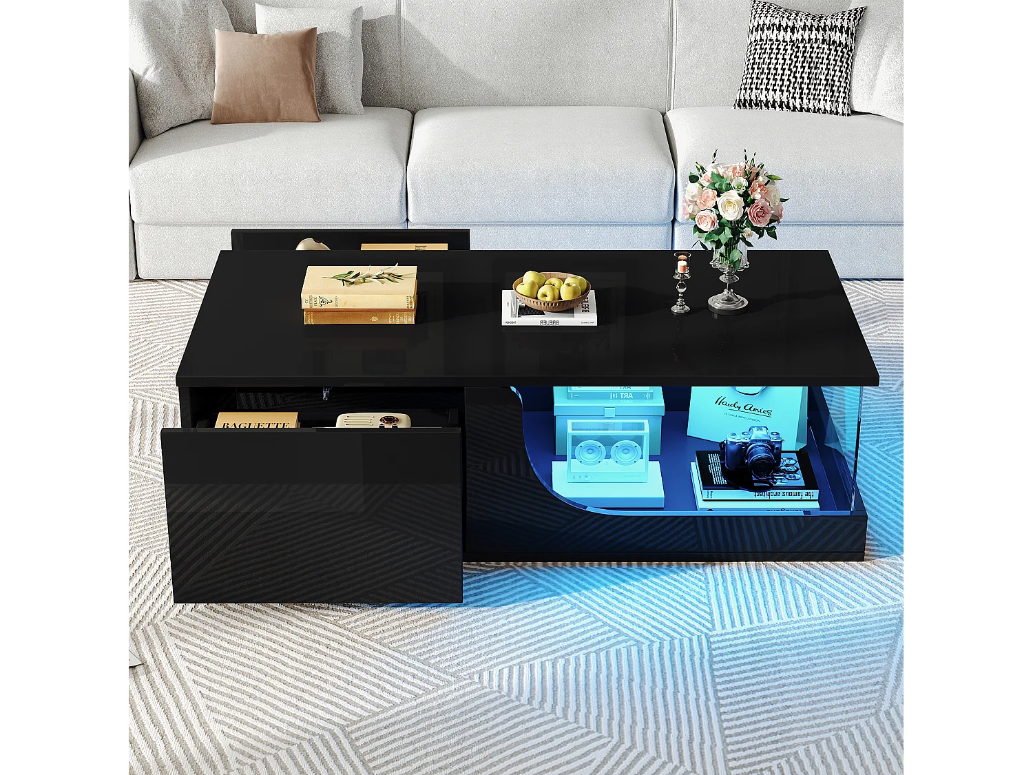 Table basse haute brillance 100x50x30 cm - avec 2 tiroirs - avec éclairage LED - verre trempé - MDF - noir