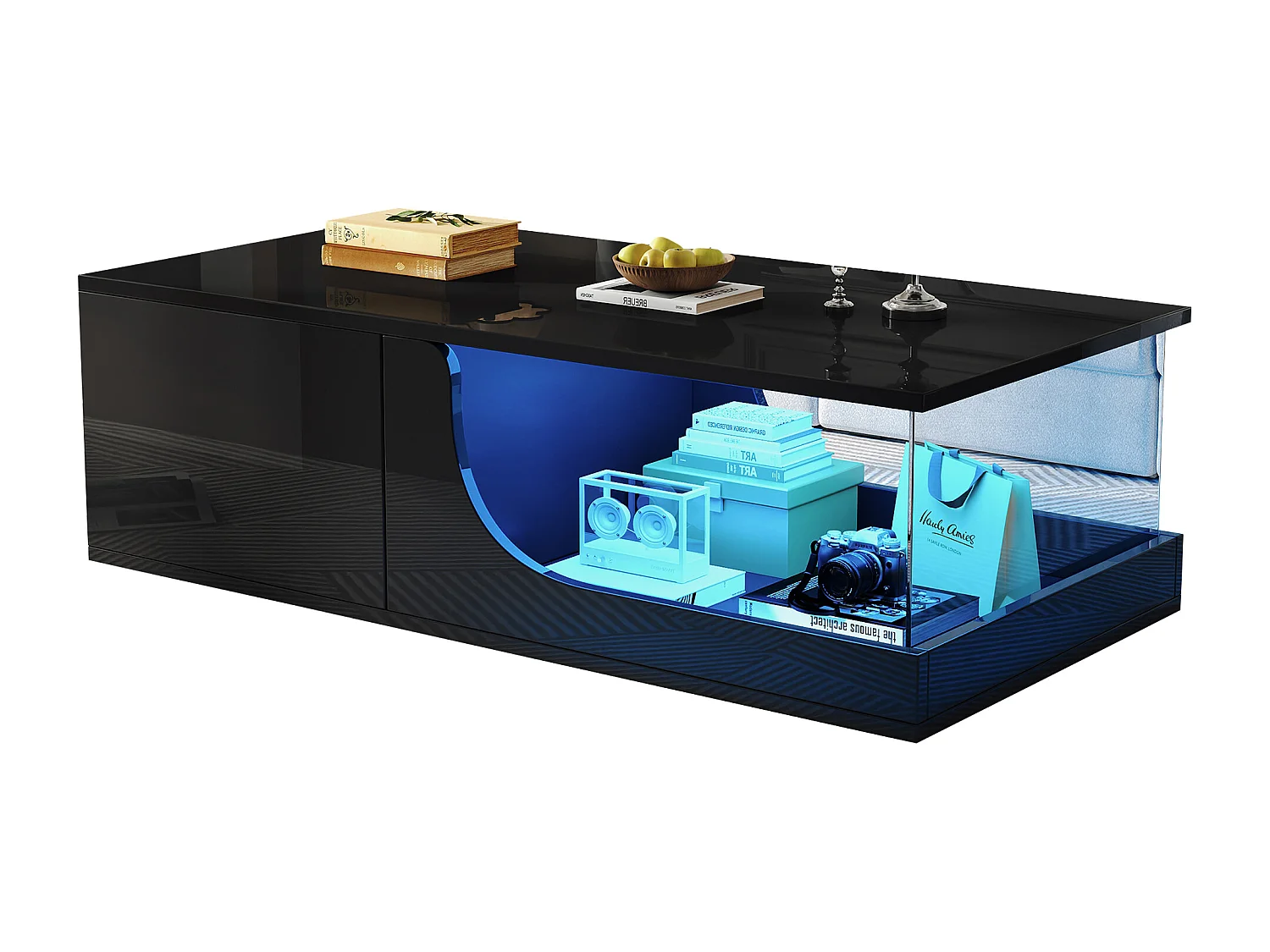 Table basse haute brillance 100x50x30 cm - avec 2 tiroirs - avec éclairage LED - verre trempé - MDF - noir