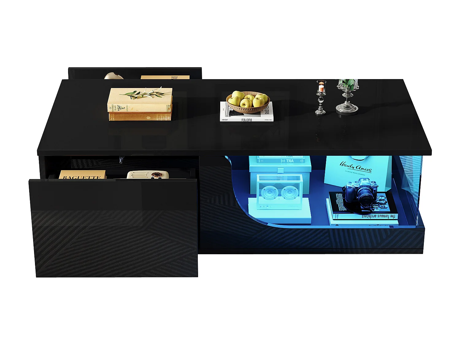 Table basse haute brillance 100x50x30 cm - avec 2 tiroirs - avec éclairage LED - verre trempé - MDF - noir