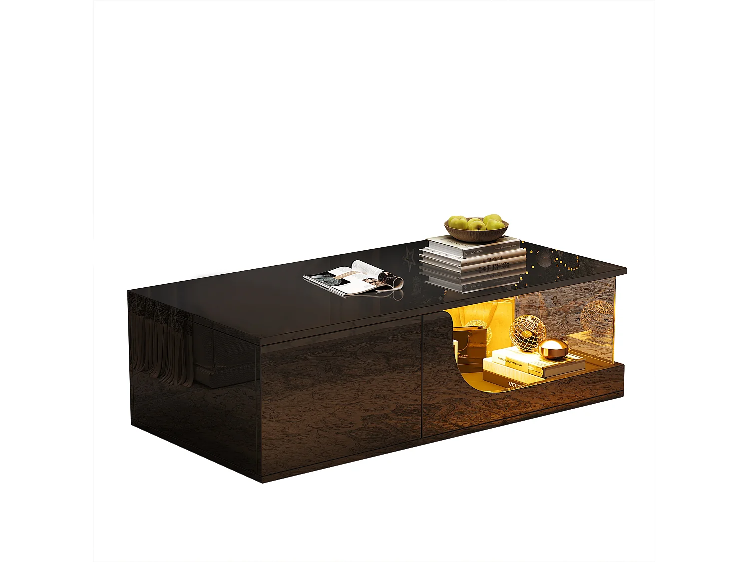 Table basse haute brillance 100x50x30 cm - avec 2 tiroirs - avec éclairage LED - verre trempé - MDF - noir