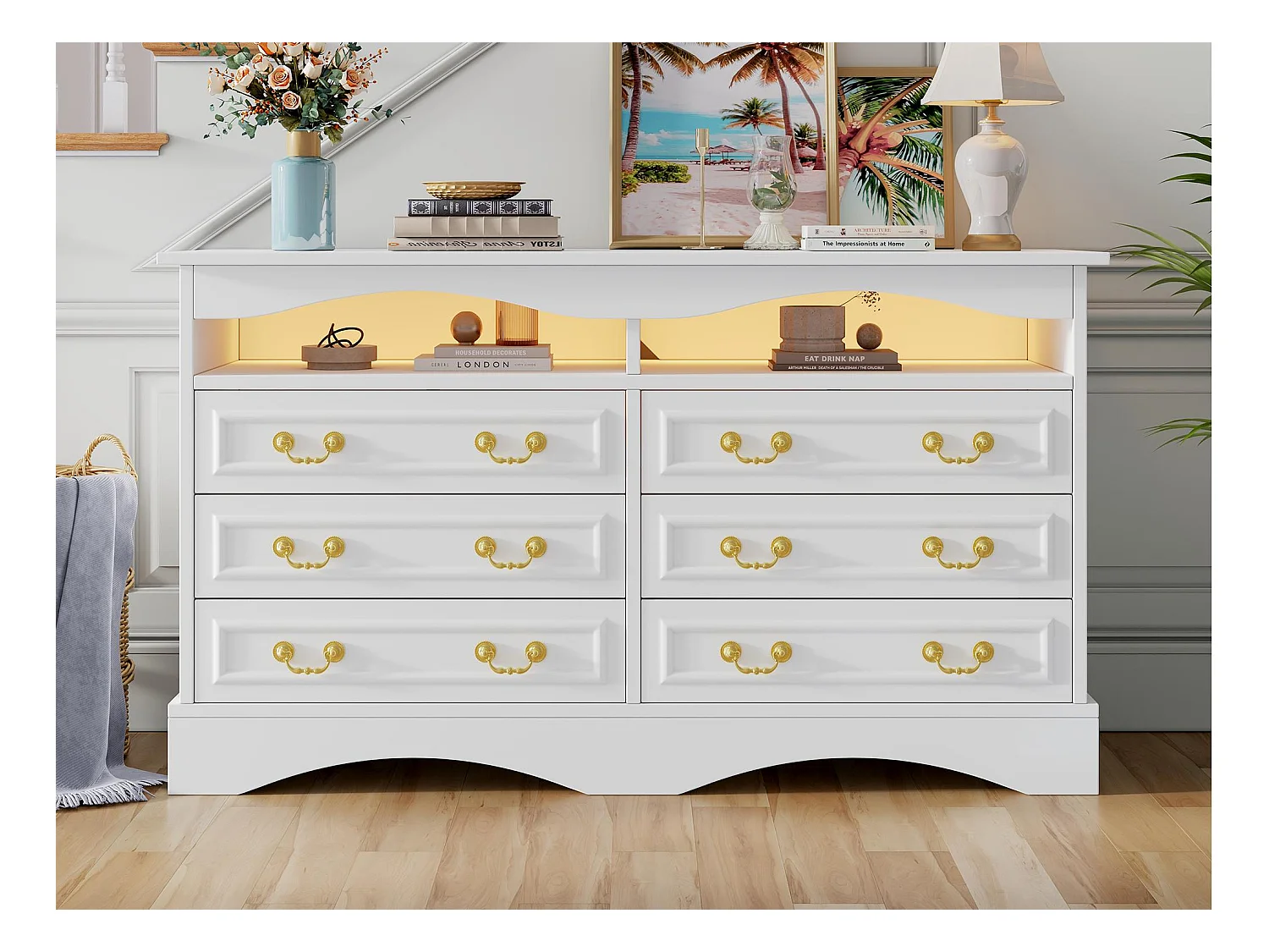 Buffet 120x40x70 cm - 6 tiroirs - avec bande lumineuse LED - rangement semi-ouvert - design rétro - blanc