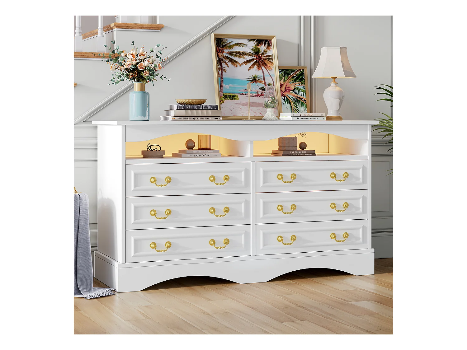 Buffet 120x40x70 cm - 6 tiroirs - avec bande lumineuse LED - rangement semi-ouvert - design rétro - blanc