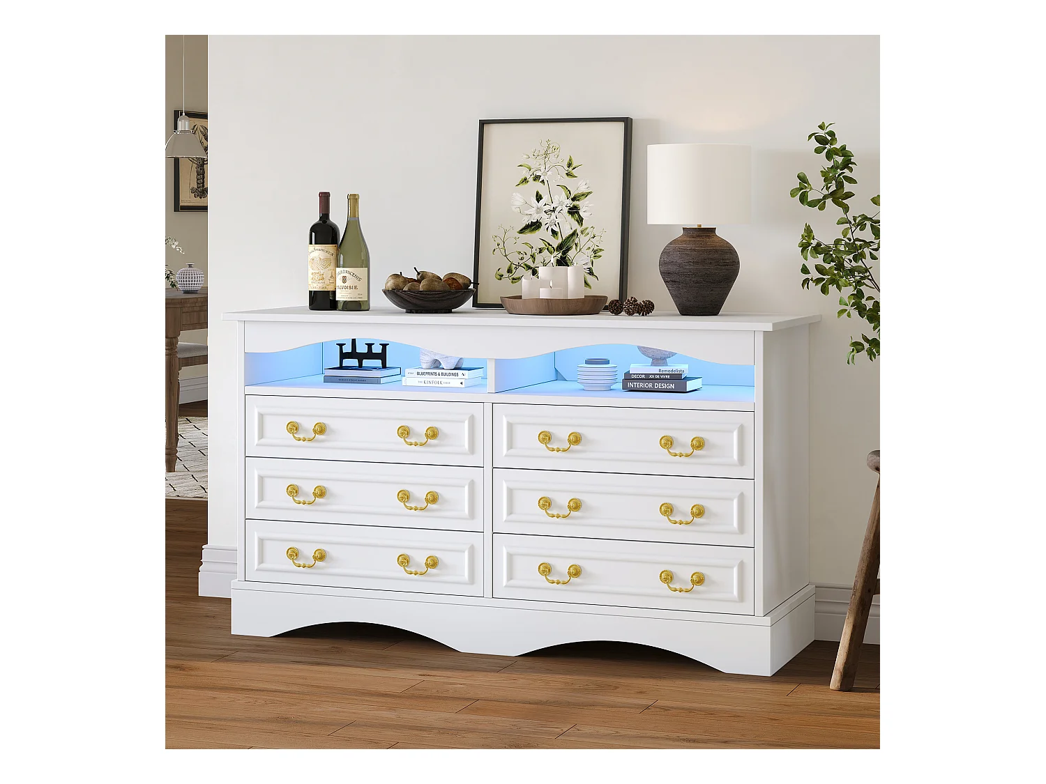 Buffet 120x40x70 cm - 6 tiroirs - avec bande lumineuse LED - rangement semi-ouvert - design rétro - blanc