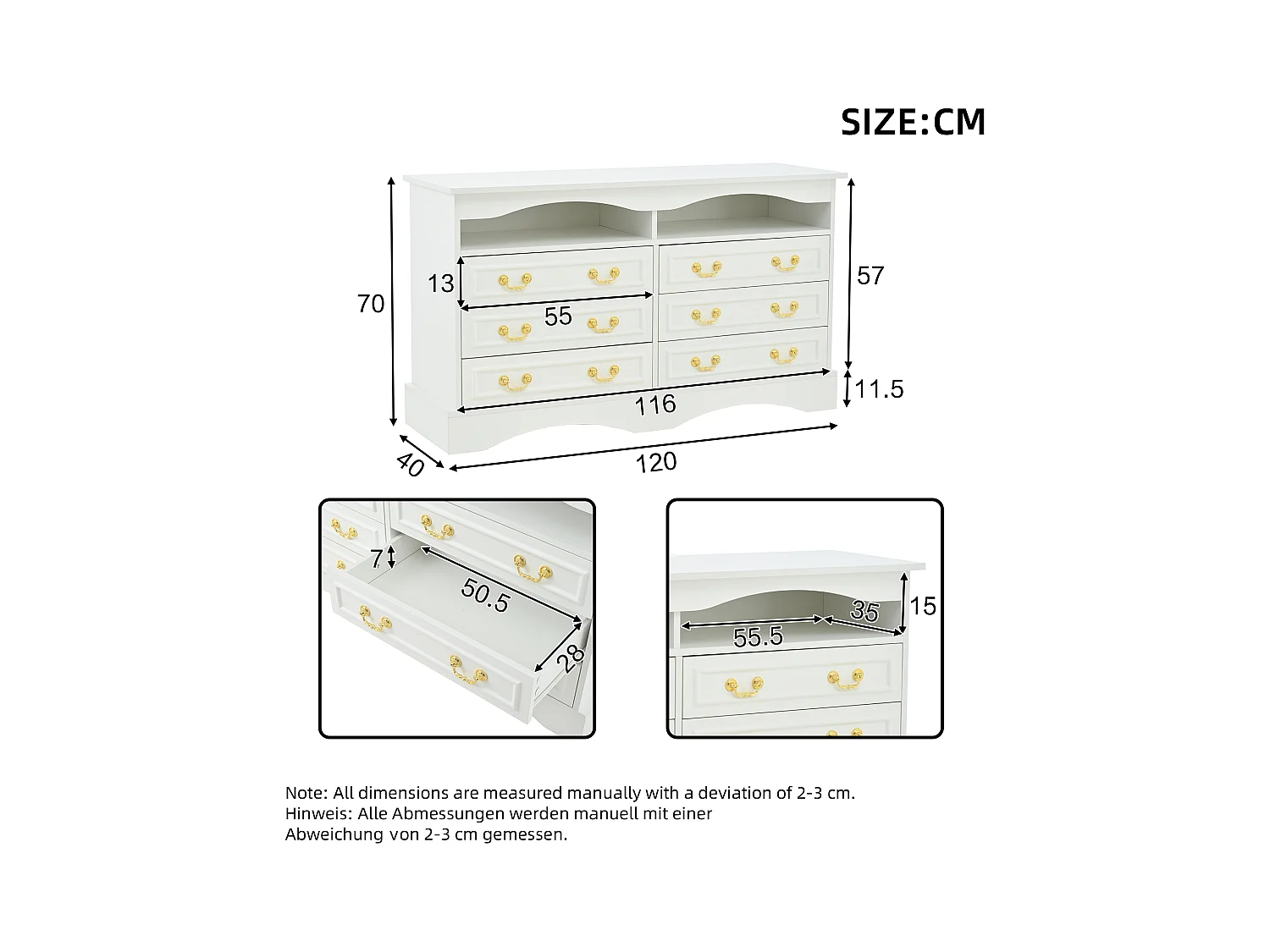 Buffet 120x40x70 cm - 6 tiroirs - avec bande lumineuse LED - rangement semi-ouvert - design rétro - blanc
