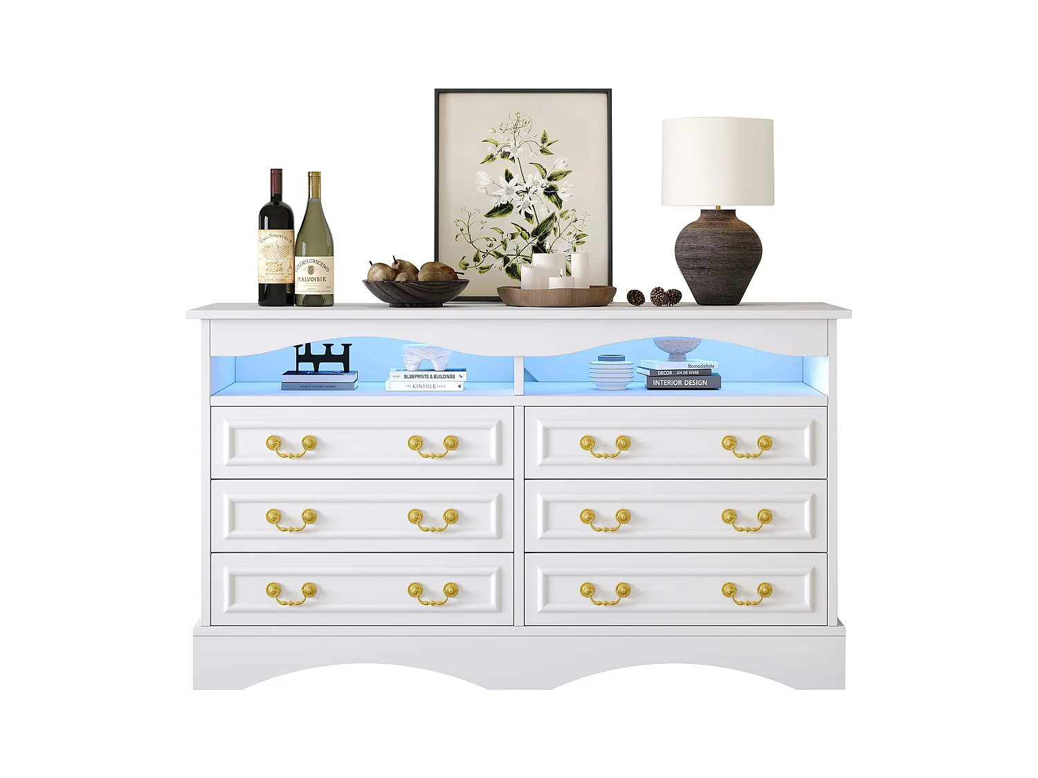 Buffet 120x40x70 cm - 6 tiroirs - avec bande lumineuse LED - rangement semi-ouvert - design rétro - blanc