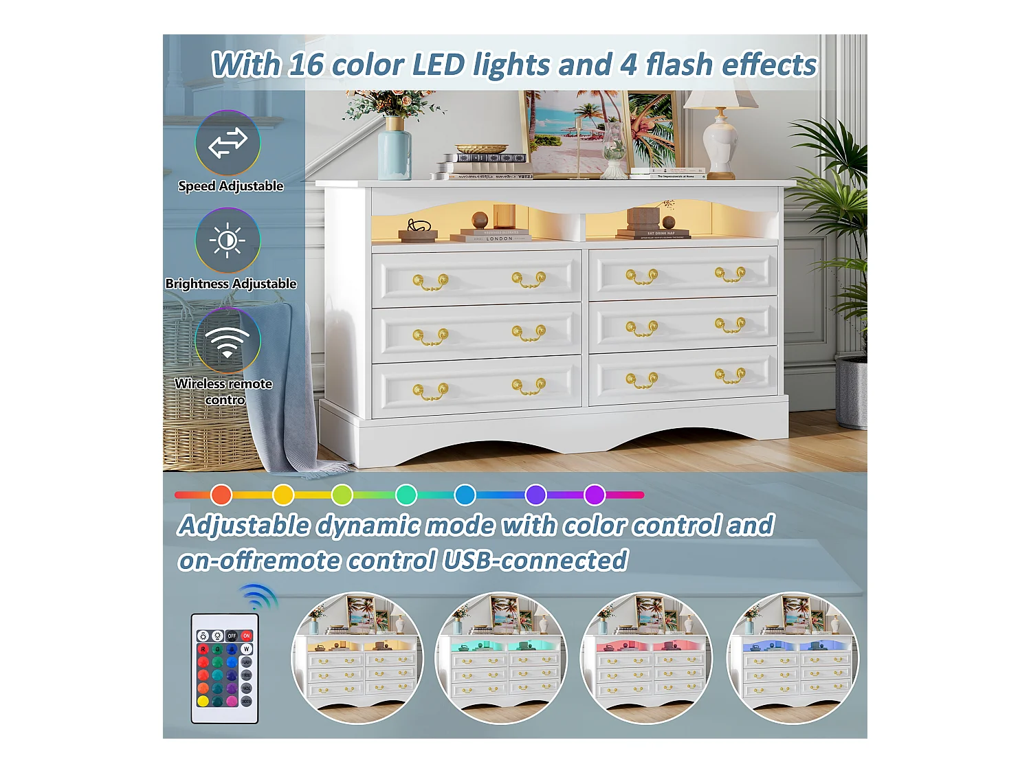 Buffet 120x40x70 cm - 6 tiroirs - avec bande lumineuse LED - rangement semi-ouvert - design rétro - blanc