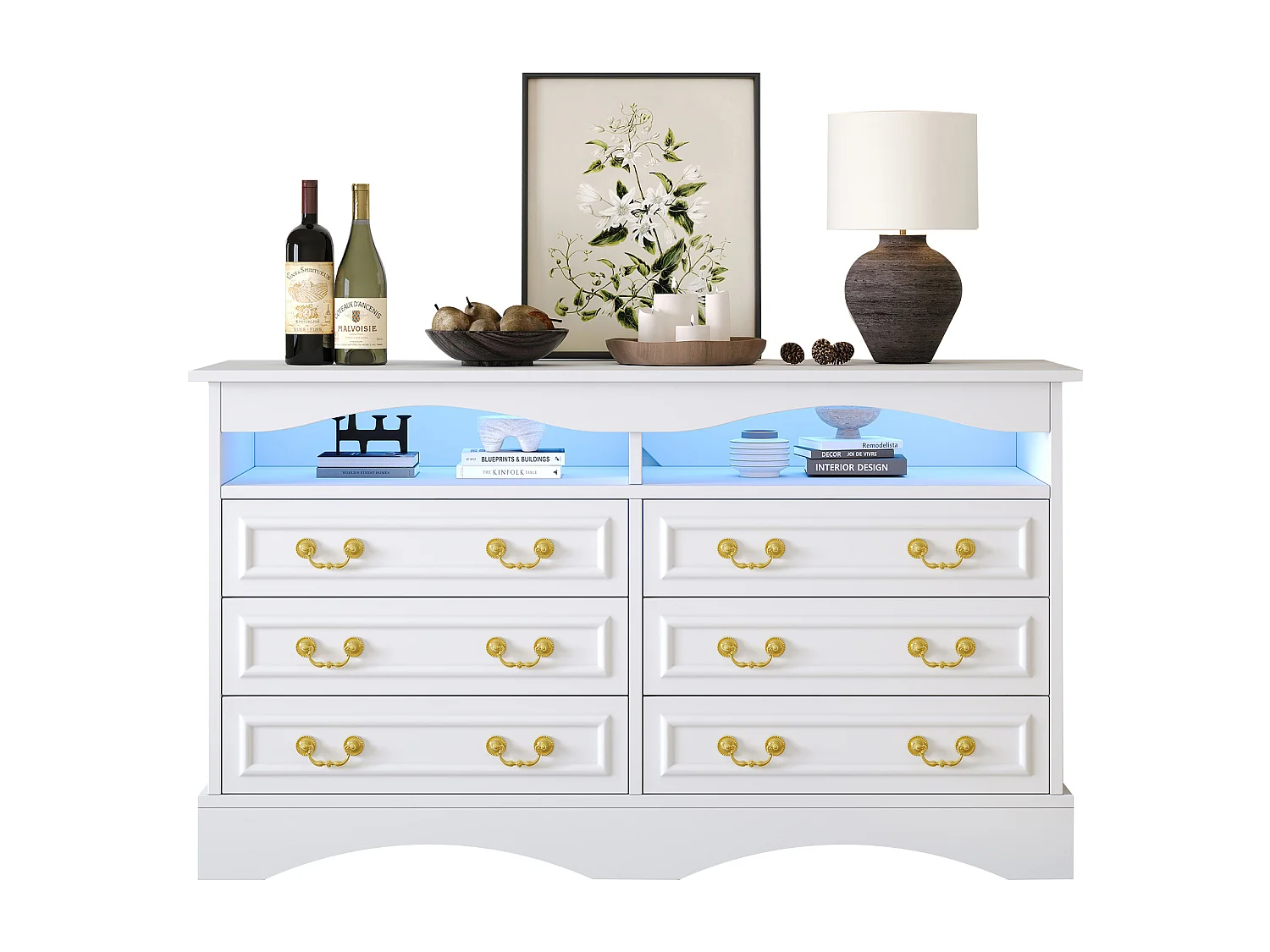 Buffet 120x40x70 cm - 6 szuflad - z taśmą LED - półotwarte przechowywanie - styl retro - biały