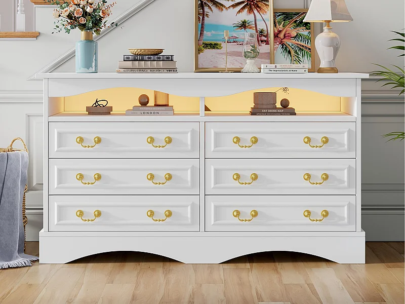 Buffet 120x40x70 cm - 6 tiroirs - avec bande lumineuse LED - rangement semi-ouvert - design rétro - blanc