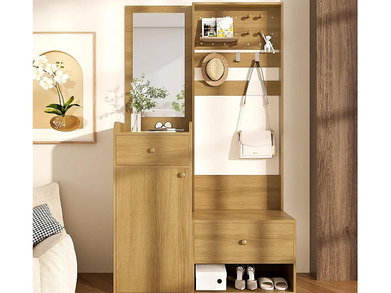 Zestaw wieszakowy do przedpokoju 105x38x180 cm - z lustrem - z regulowanymi hakami - 2 szuflady i 1 drzwi - Naturalny
