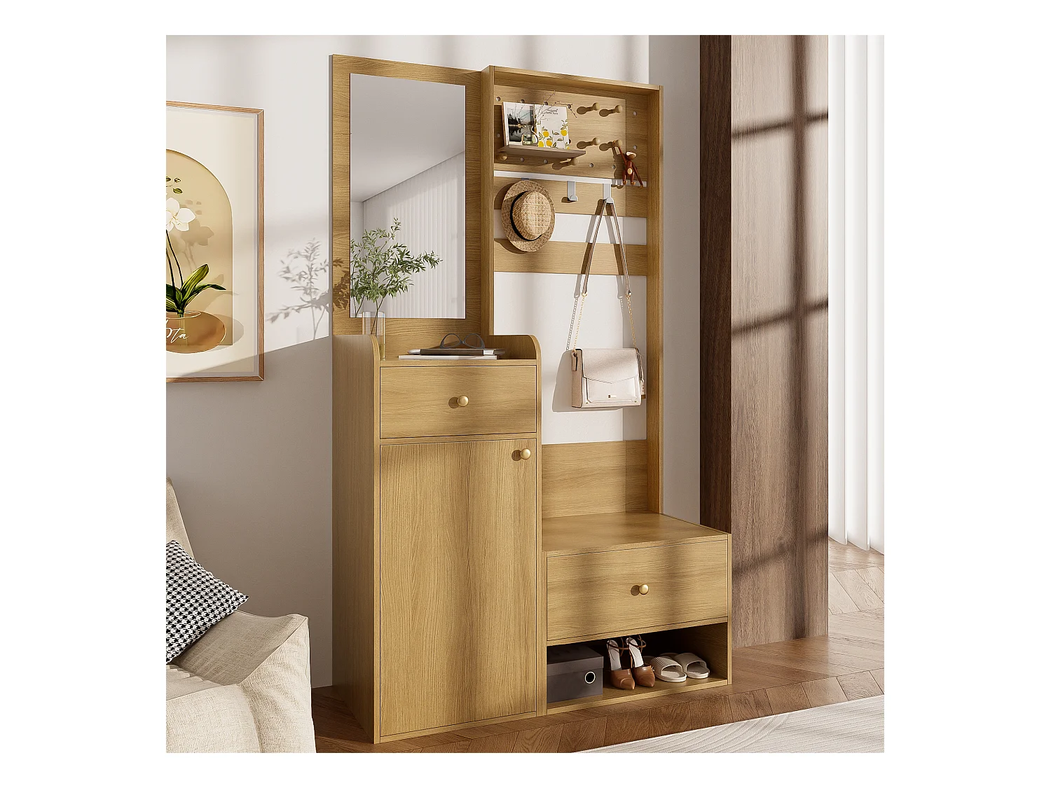 Inkomhal garderobeset 105x38x180 cm - met spiegel - met verstelbare haken - 2 lades en 1 deur - Natuur