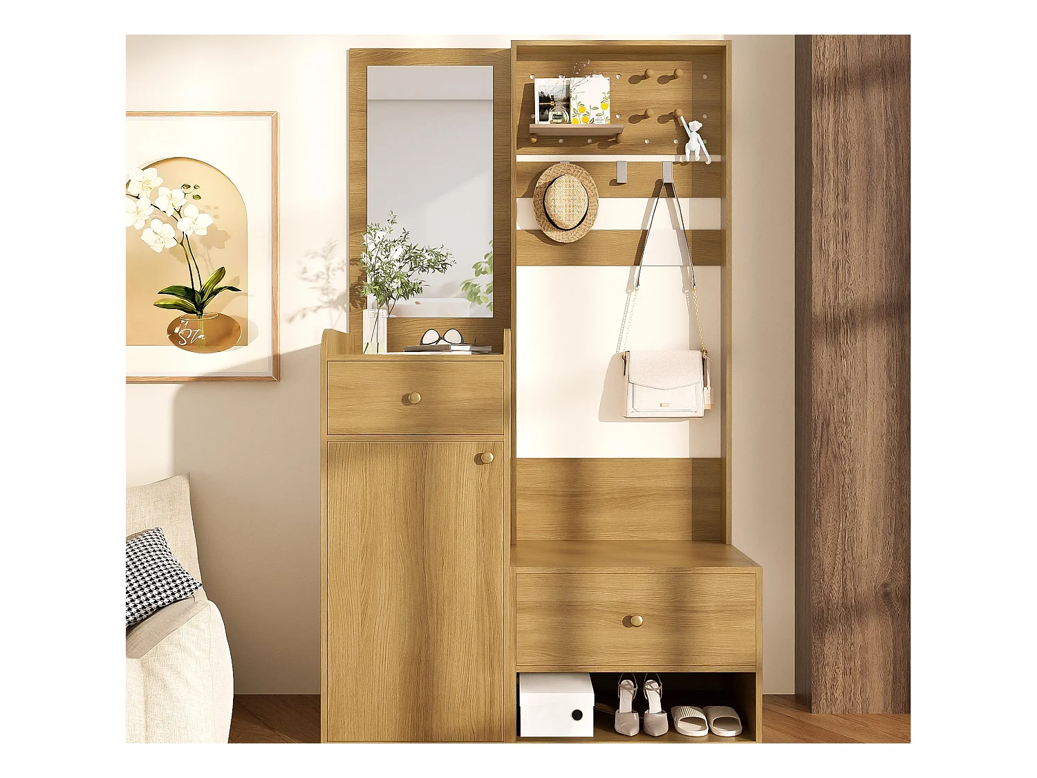 Ensemble vestiaire d'entrée 105x38x180 cm - avec miroir - avec crochets réglables - 2 tiroirs et 1 porte - Naturel