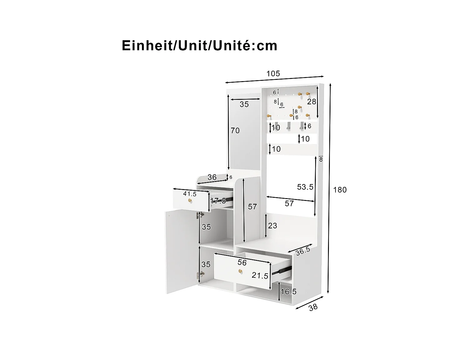 Kleiderständer-Set für den Eingangsbereich 105x38x180 cm - mit Spiegel - mit verstellbaren Haken - 2 Schubladen und 1 Tür - Weiß