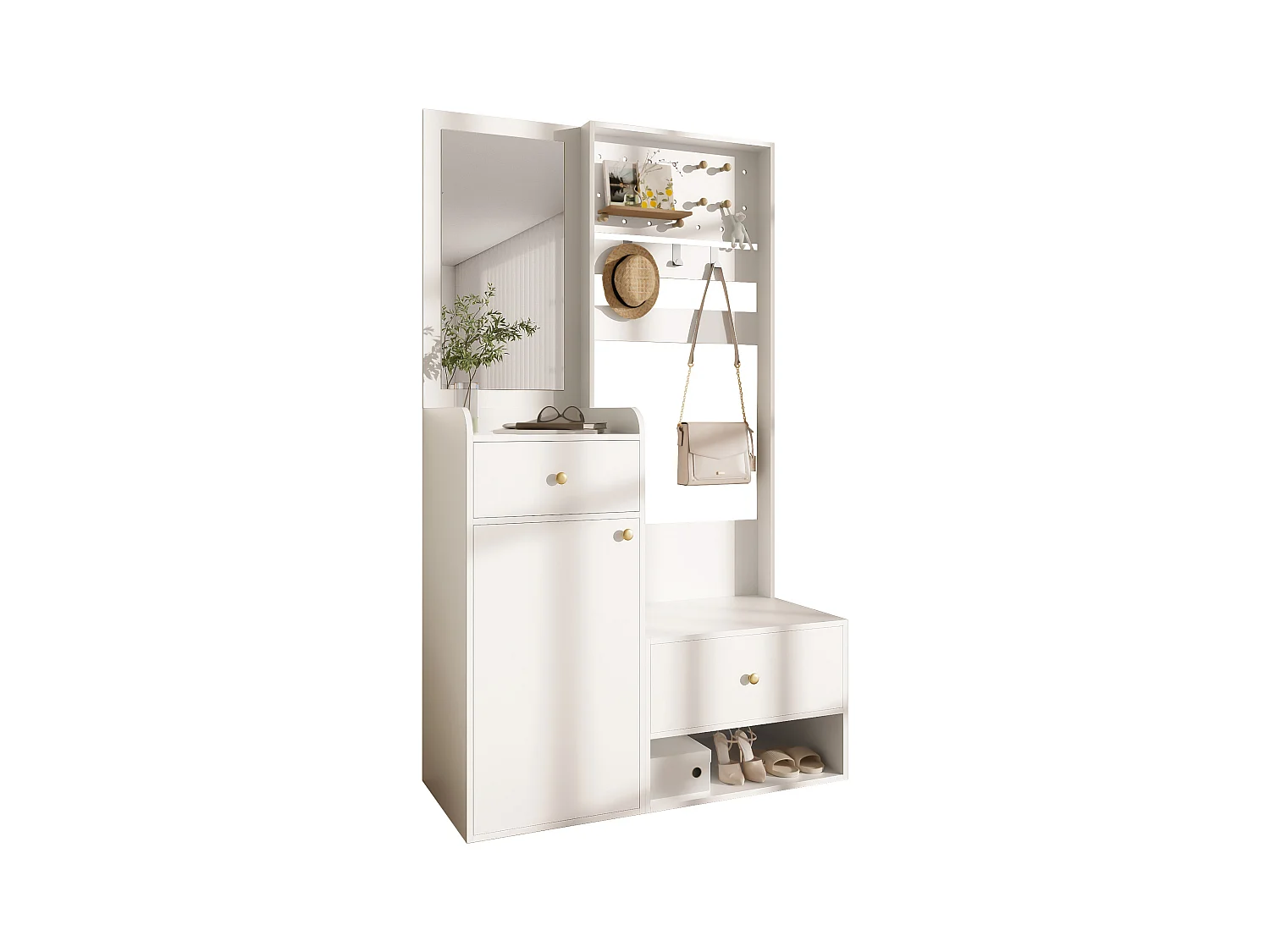 Kleiderständer-Set für den Eingangsbereich 105x38x180 cm - mit Spiegel - mit verstellbaren Haken - 2 Schubladen und 1 Tür - Weiß