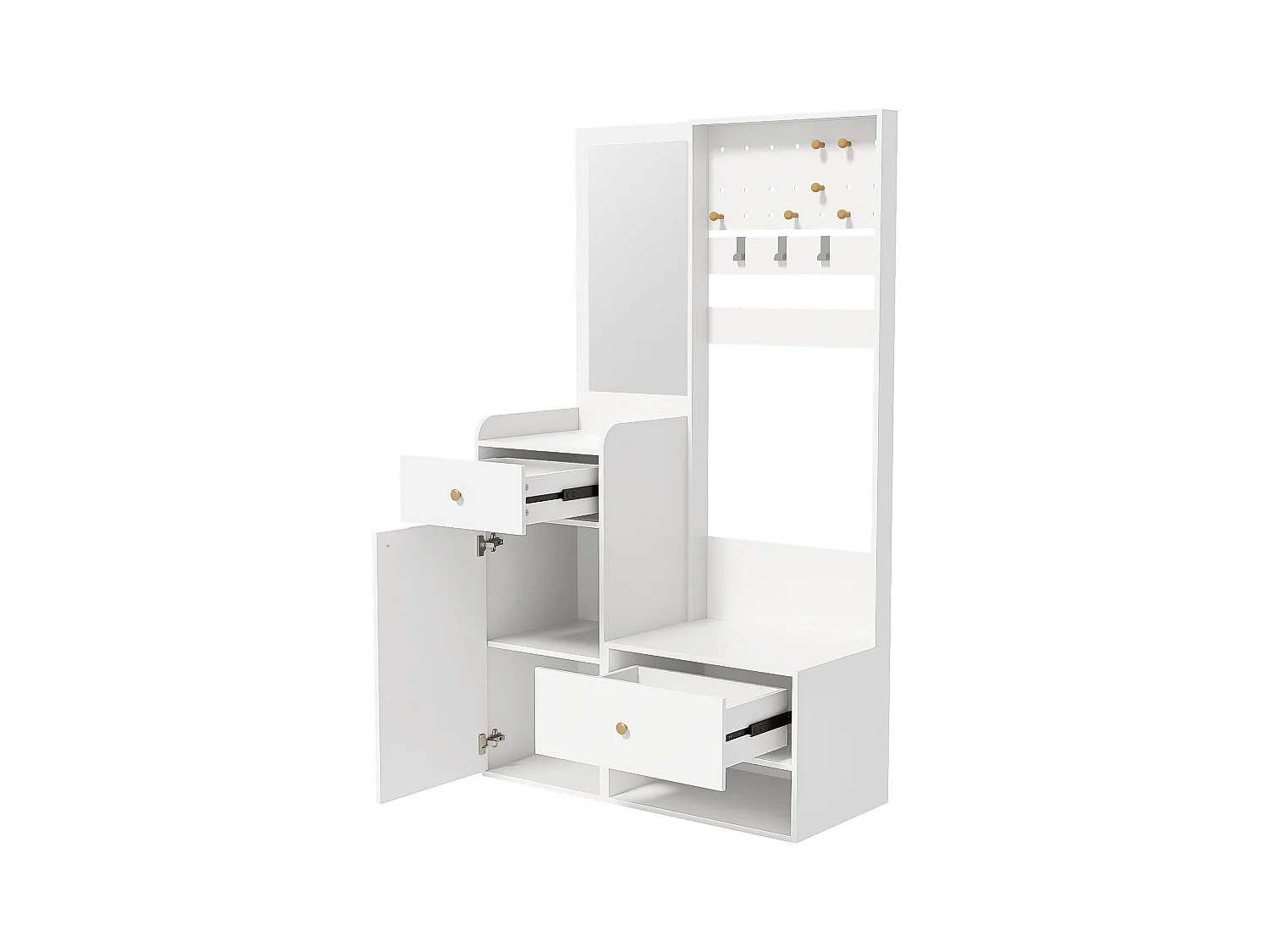 Kleiderständer-Set für den Eingangsbereich 105x38x180 cm - mit Spiegel - mit verstellbaren Haken - 2 Schubladen und 1 Tür - Weiß