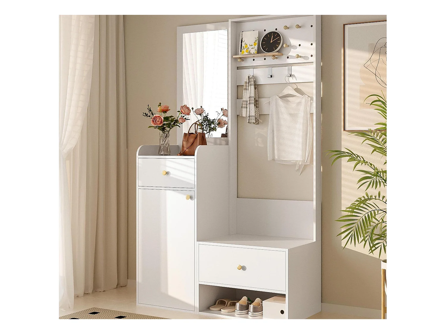 Ensemble vestiaire d'entrée 105x38x180 cm - avec miroir - avec crochets réglables - 2 tiroirs et 1 porte - Blanc