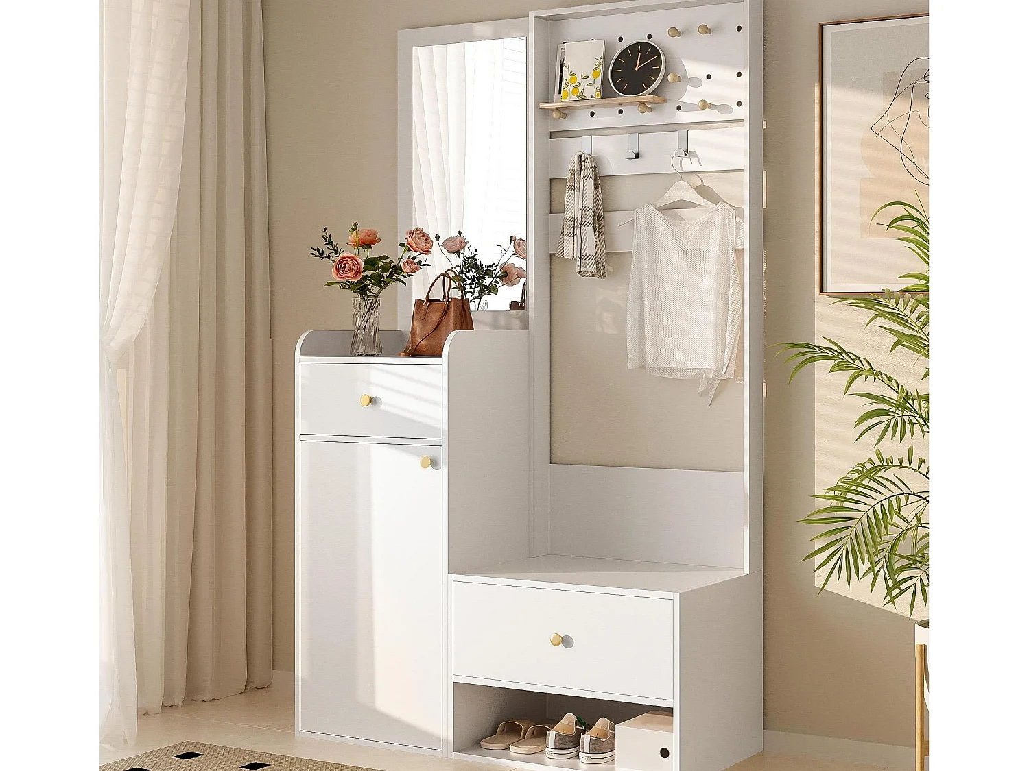 Set guardaroba d'ingresso 105x38x180 cm - con specchio - con ganci regolabili - 2 cassetti e 1 anta - Bianco