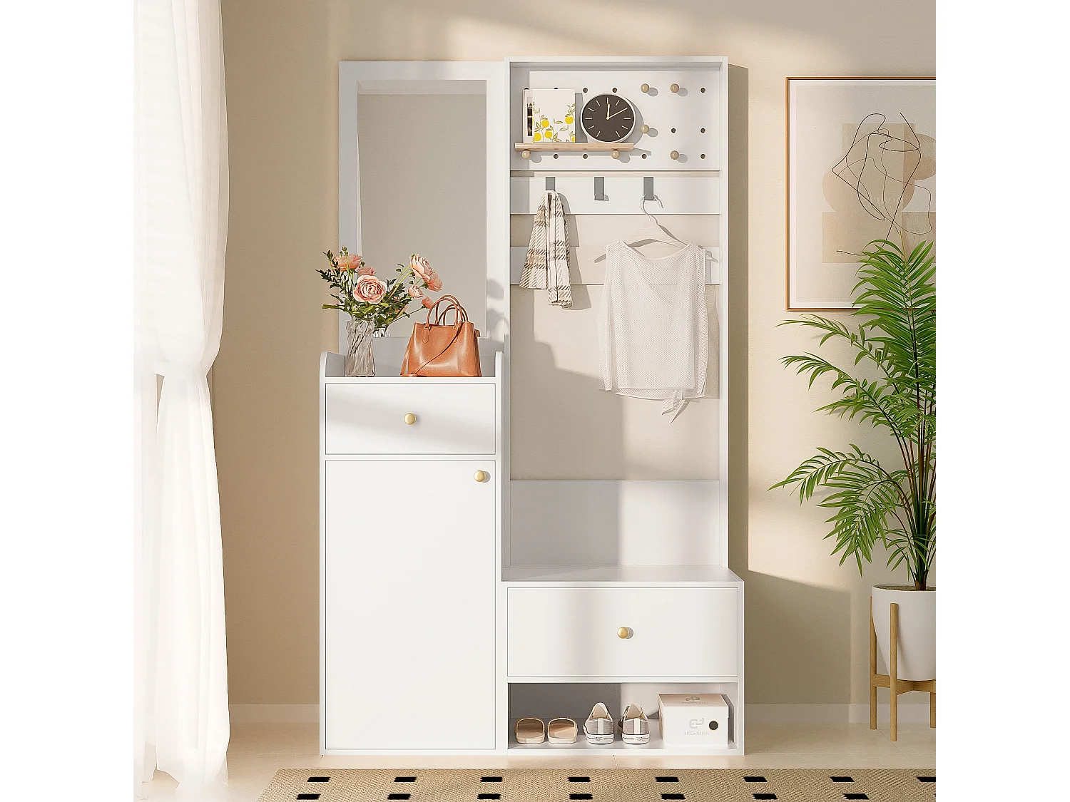 Set guardaroba d'ingresso 105x38x180 cm - con specchio - con ganci regolabili - 2 cassetti e 1 anta - Bianco