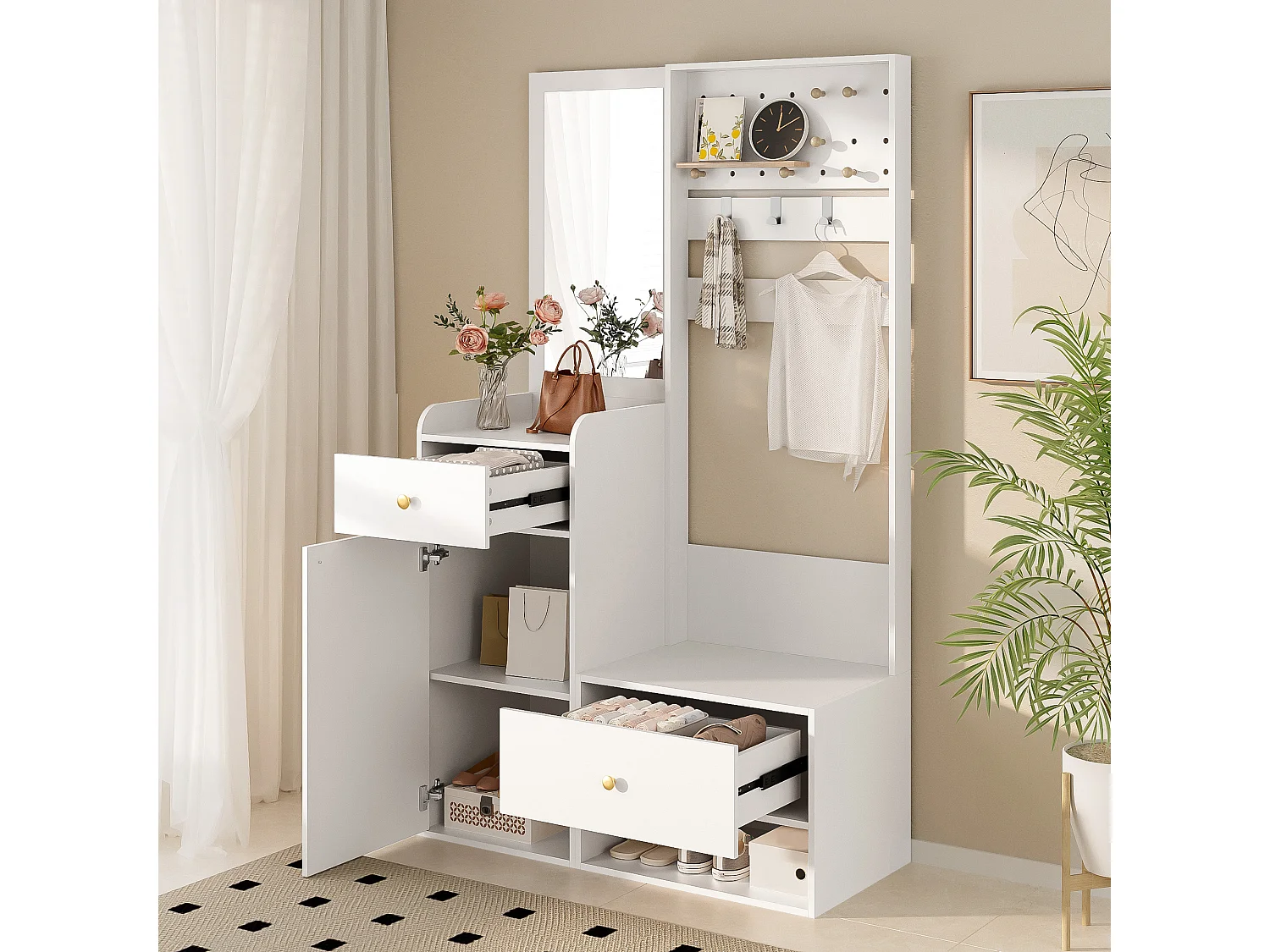 Set guardaroba d'ingresso 105x38x180 cm - con specchio - con ganci regolabili - 2 cassetti e 1 anta - Bianco